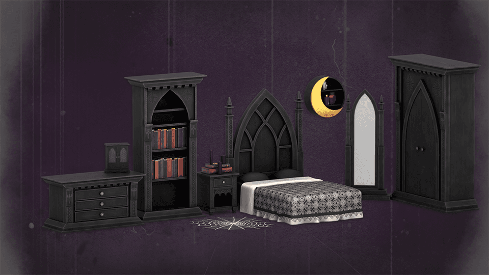 Móveis góticos para Sims que ganham vida após o anoitecer.